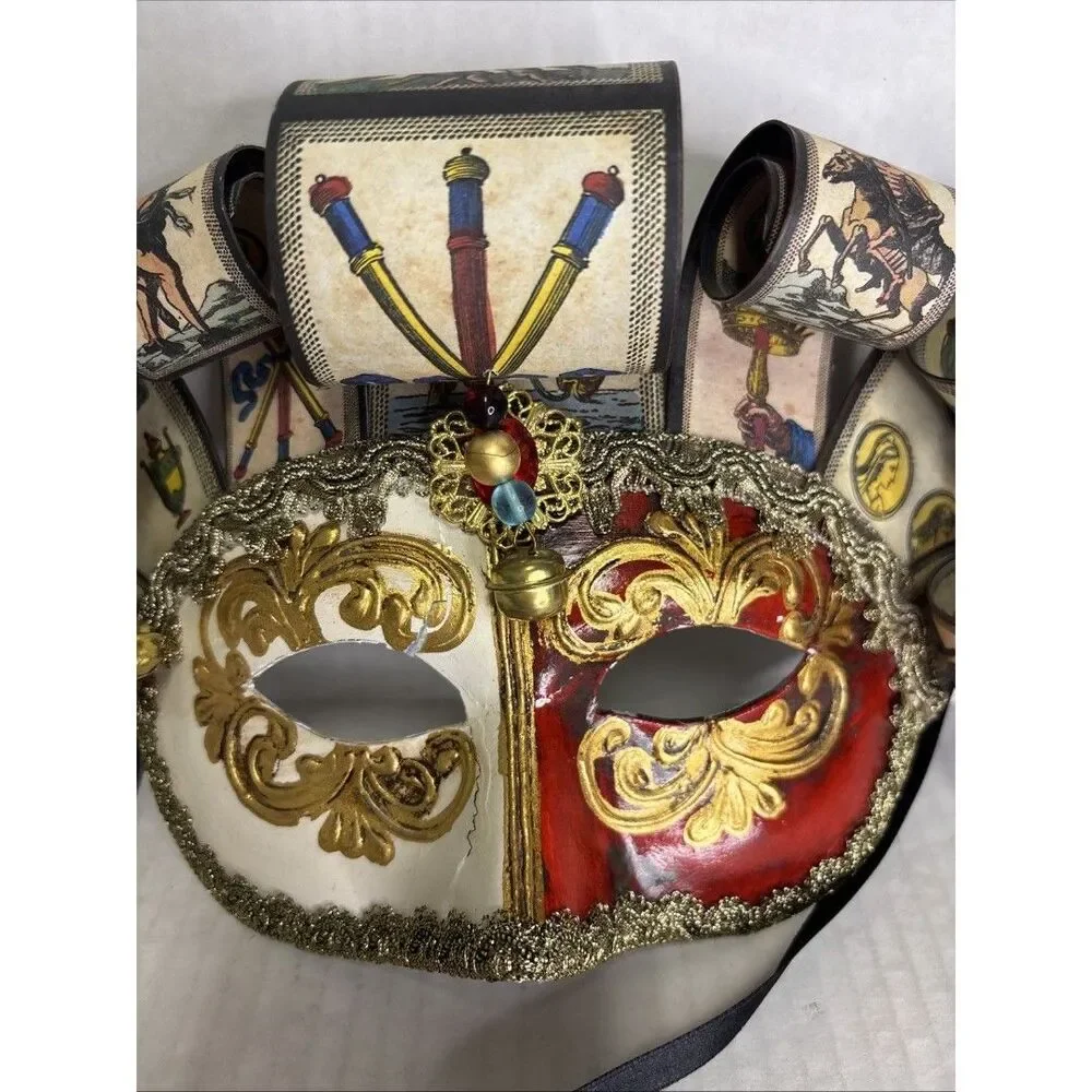 RARE Venetian Style Jester Masquerade Mask With Tarot Card Accents Handmade
